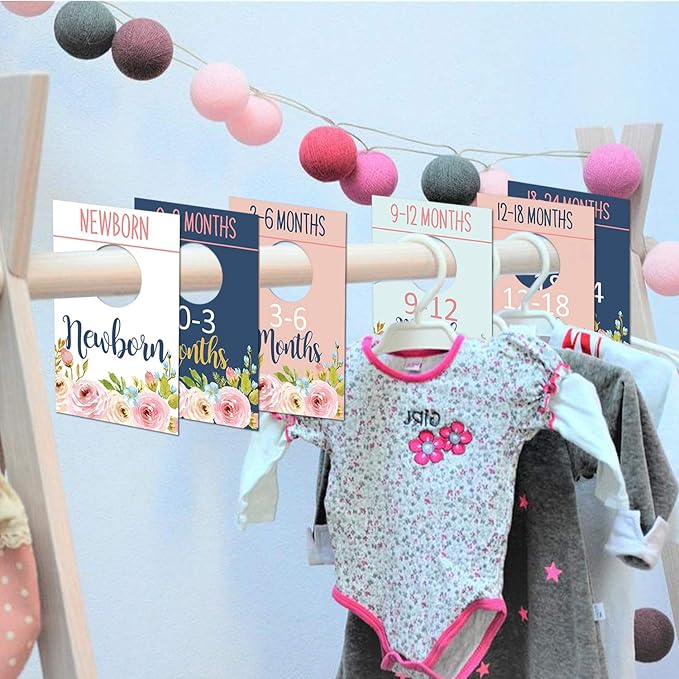 Baby Closet Size Dividers, Floral Closet Organizer for Girl, Nursery Wardrobe Divider Hangers to Arrange Clothes By Size or Age, Newborn Shower Gift, 0-24 Months