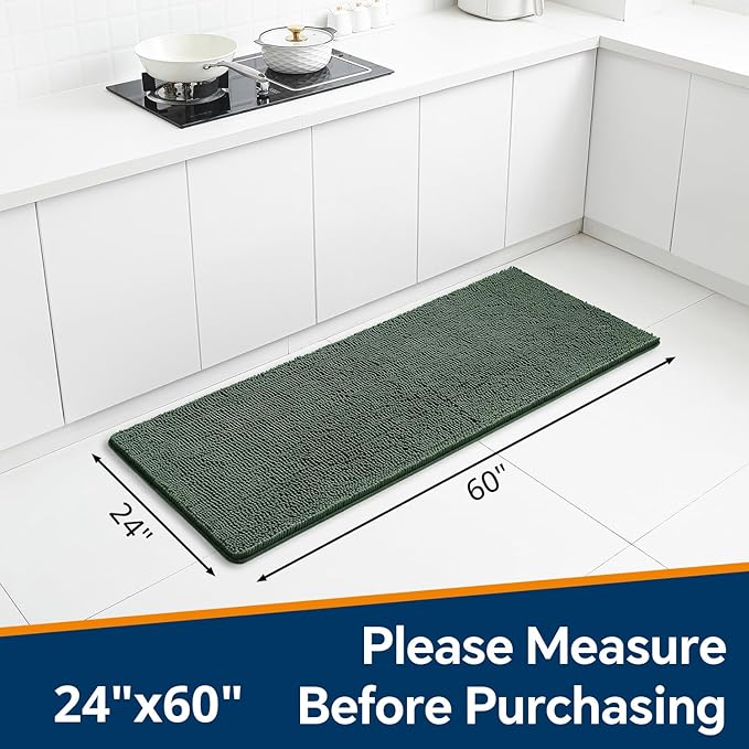 Hunter Green Bathroom Rugs 24"x60" - Long Plush Chenille Non-Slip Runner Bath Mat - Absorbent, Washable, Soft Decor for Shower, Sink, Tub, Floor, Home Accessories