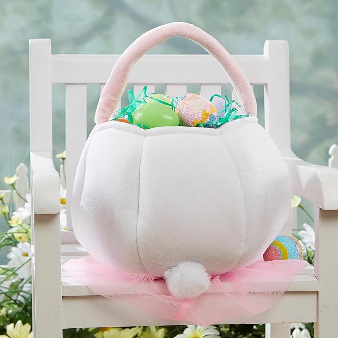 Personalization Universe Embroidered Pink Accented Easter Bunny Basket, Soft Plush Easter Egg Hunt Bag, Children's Holiday Basket