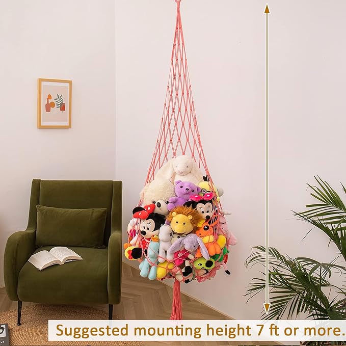 Novel Stuffed animal Net or Hammock Macrame Plush Toy Display-6.5Ft H-One Hook Only! Convenient for Corners, Walls and Ceiling Hanging Net, stuff animal storage for kid Room Bedroom Playroom-Pink