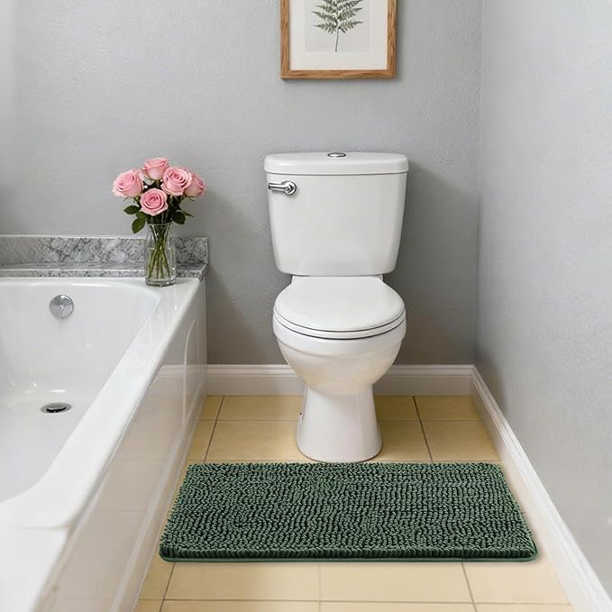 Hunter Green Bathroom Rugs 20"x32" - Thick Plush Chenille Non-Slip Bath Mat - Absorbent, Washable, Soft Decor for Sink, Shower, Tub, Kitchen, Home Accessories
