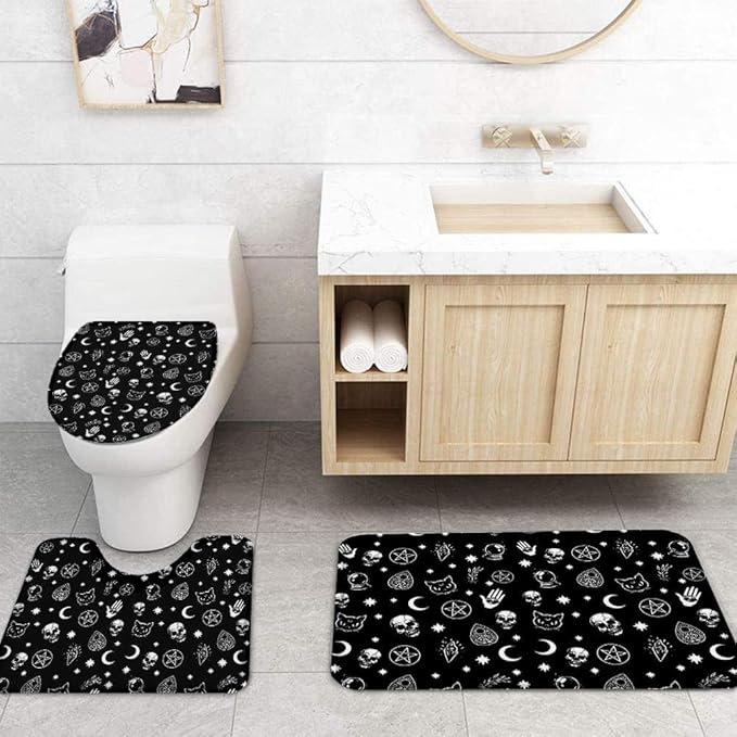 4-Piece Bathroom Set Stars Black Witch Skull Moon Divination Gothic Shower Curtain Rug Set Non-Slip Bath Mat Toliet Cover Bathroom Shower Curtains-4-Piece_Set