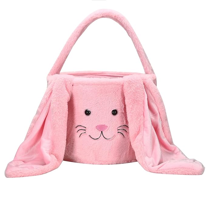 Plush Easter Bunny Basket, Easter Egg Hunt Basket with Plush Ears, Bunny Bucket Tote for Candy Party Favors Holiday Decorations (Plush-Pink)