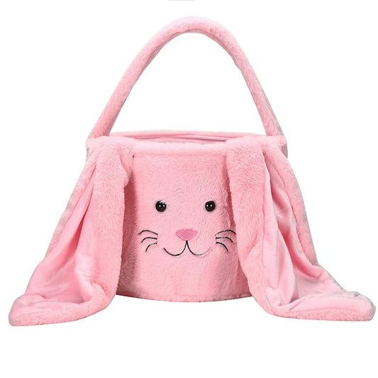 Plush Easter Bunny Basket, Easter Egg Hunt Basket with Plush Ears, Bunny Bucket Tote for Candy Party Favors Holiday Decorations (Plush-Pink)