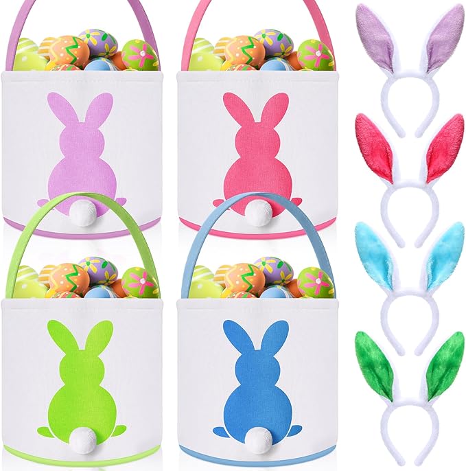 Domensi 4 Pcs Bunny Easter Basket Bags with 4 Plush Bunny Headband for Kids Adults Small Canvas Easter Baskets Bulk for Egg Hunt Favor; 9 x 9.45 Inches