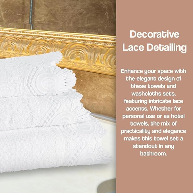 3 Piece Laced Bath Towels Set for Bathroom, Bath, Hand & Wash Cloths, Decorative Stylish Plush Cotton Washcloths - Showering, Face & Body Washing, Airbnb Essentials & Host Accessories, White