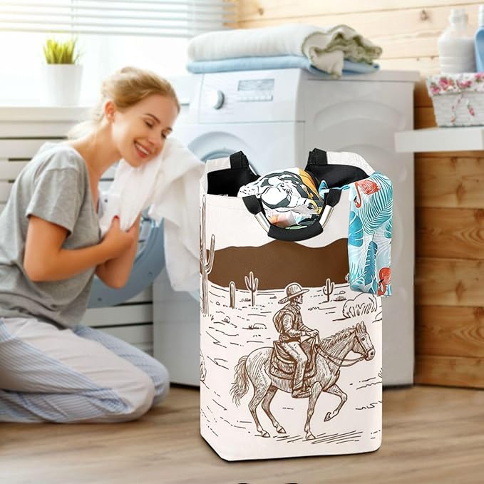 Western Wild West Desert Cowboy Large Laundry Hamper Basket, Foldable Laundry Bag Storage Bins Baskets with Handles for Laundry, Bedroom, Home Decor
