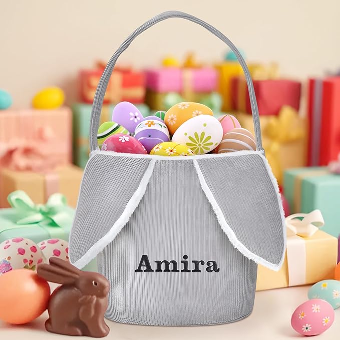 Easter Basket, Touber Easter Bunny Basket, Personalized Easter Baskets for Kids, Easter Gifts Basket for Girls Baby Children - Bunny Ear Grey