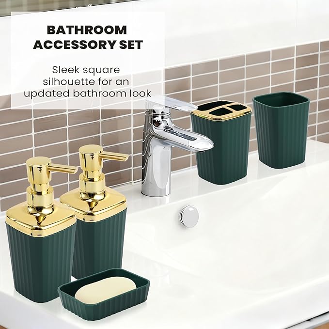 9-Piece Dark Green Bathroom Set with Narrow Trash Can Press Top Lid, Bathroom Accessories Sets with Toilet Brush, Soap Dispenser, Toothbrush Set, Soap Dish & Apothecary Jars for Small Spaces