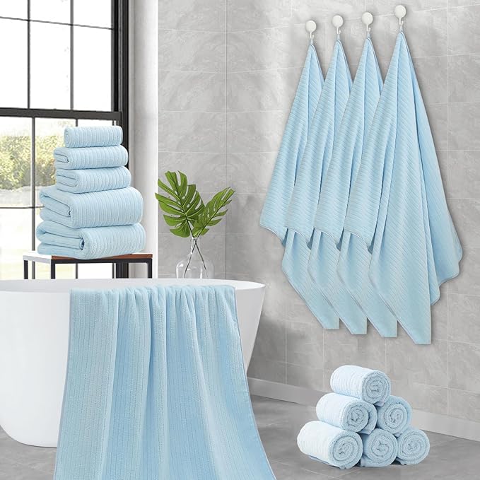 Hailea 18 Piece Family Bath Towel Set Include 6 Bath Towels,6 Hand Towels and 6 Washcloths Soft Bathroom Towel with Hanging Loops,Highly Absorbent Quick Dry Towels Set for Bathroom,Hotel and Spa-Blue