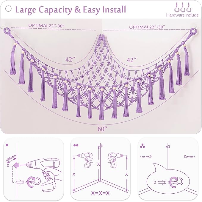 Stuffed Animals Hammock Corner Hanging Net with Wooden Beads Macrame Stuffed Animal Storage Ideas Plush Holder Toy Organizer for Boho Nursery Playroom Bedroom Kids Room Decor (purple, X-Large)