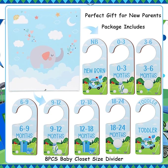 Baby Closet Dividers 8PCS, Golf Themed Wooden Double-Sided Clothes Size Hanger Organizer from Newborn to Toddler for Nursery Decor Baby Shower Birthday Gift Blue & Green