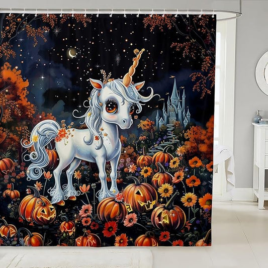 Happy Halloween Shower Curtain with Hooks,Pumpkin Lantern Daisy Castle Room Decor Bath Curtain,Cartoon Unicorn Bathroom Accessories Waterproof Panel,72x 84 Inches