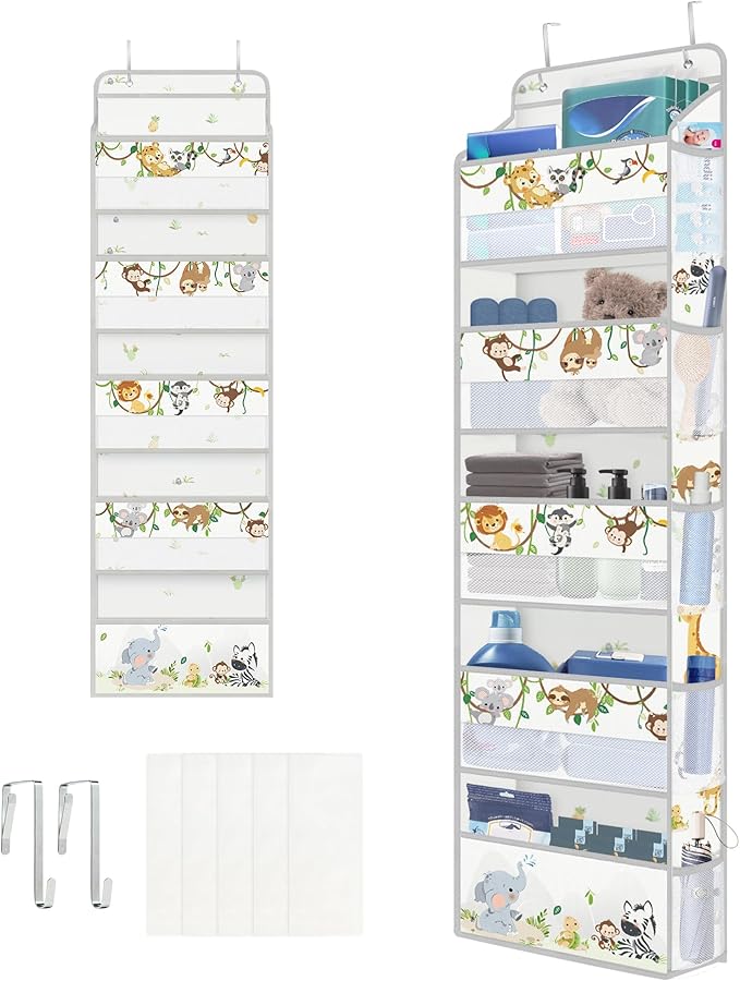 Clastyle Elephant Lion Kid Over The Door Organizer Storage Woodland Vine 5 Shelves Closet Nursery Hanging Shelves Clothes Diaper Stuffed Animal Toy Storage for Newborn Baby Essential