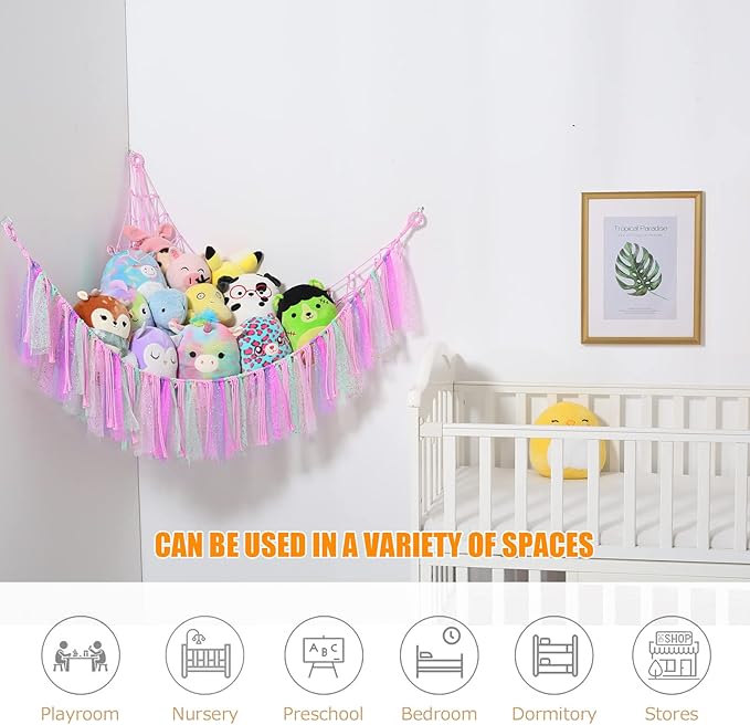 Stuffed Animal Storage Macrame Boho Plush Toy Net Hammock for Stuffed Animals with Light Pet Net for Stuffed Animals Corner Hanging Stuffed Animal Holder Teddy Bear Net for Kids Room (Shiny Pink)