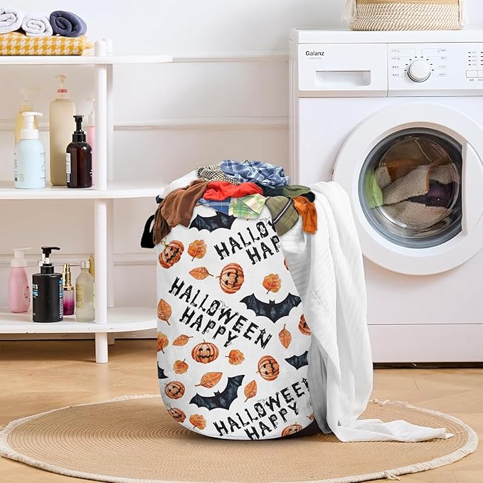 Halloween Pumpkin Bat Laundry Basket with Sturdy Handles, Happy Halloween Collapsible Oxford Cloth Laundry Hamper Organizer Basket for Bathroom Bedroom 15.7x20 Inch