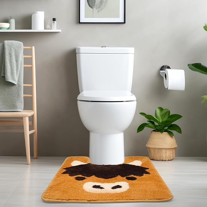Highland Cow Toilet Rug - U Shaped Toilet Mat,Soft and Absorbent Bath Rug,Non Slip Toilet Bath Mat,Bathroom Contour Rug for Toilet Base(Highland Cow, 24" x 20")