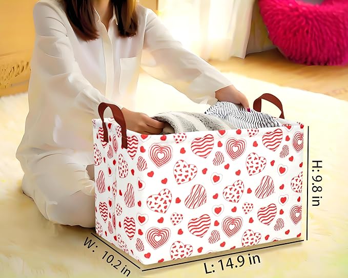 Large Valentine's Day Basket Heart Shaped Storage Bin for Gifts Collapsible Organizer Room Decor (Leopard Print Line Love)