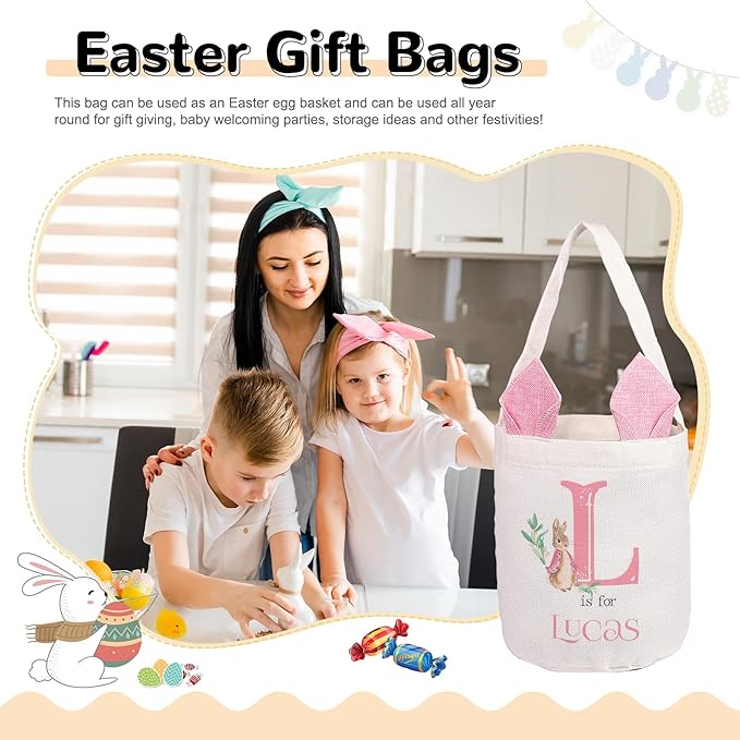 Personalized Name Easter Basket, Bunny Basket for Kids, Easter Bunny Bag for Boys Girls, Egg Hunt Bucket, Party Favors (Style C)