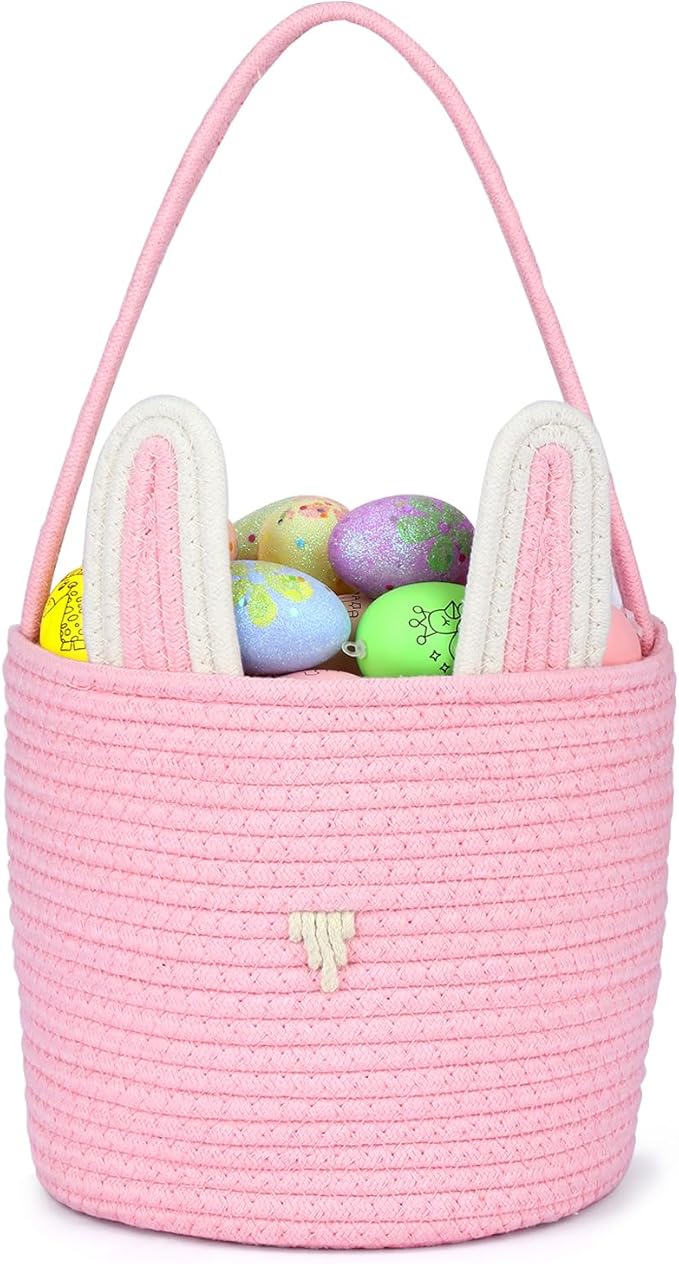 Personalized Easter Basket for Kids with Name - Custom Cute Embroidery Easter Bunny Rope Basket for Boys Girls, Easter Egg Hunt Basket (Pink)