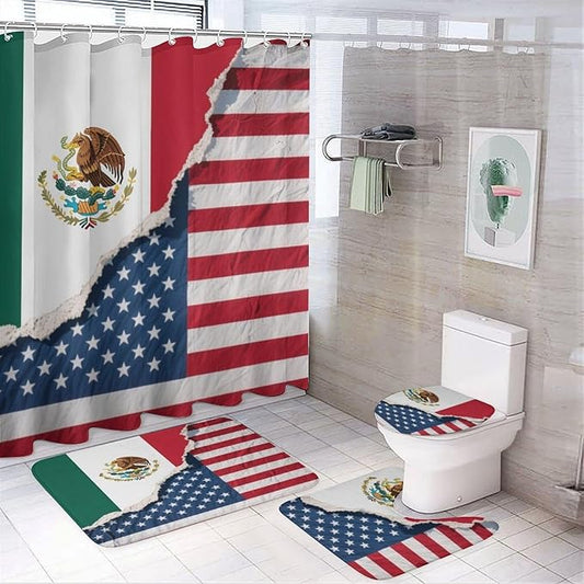 4 Pack Mexico Mexican USA America Flag Art Toilet Carpet Rugs + Contour Mat & Lid Cover Rubber Backing + Quick Dry Drape Liner Curtains for Dorm Room, Tub and Shower
