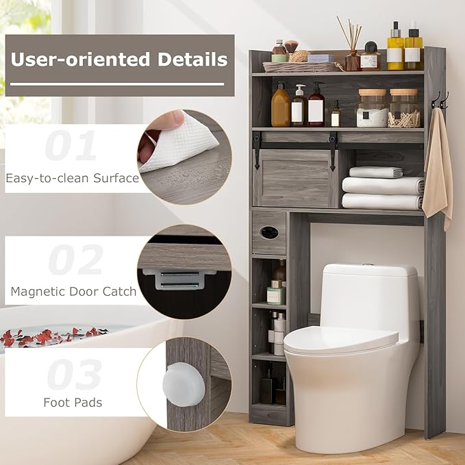 Giantex Over The Toilet Storage Cabinet, Farmhouse Space Saver with Sliding Door, Toilet Paper Holder, Side Hooks & Adjustable Shelves, Over Toilet Bathroom Organizer for Laundry, Restroom (Grey)