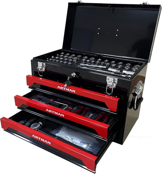 20" Portable 3 Drawer Steel Toolbox,Built in Tool Set,4 Layers of Tools with Metal Latches, with Top Storage Tray and carrying Handle, Multi-Function Tool Storage for Garage, Home,or Workbench