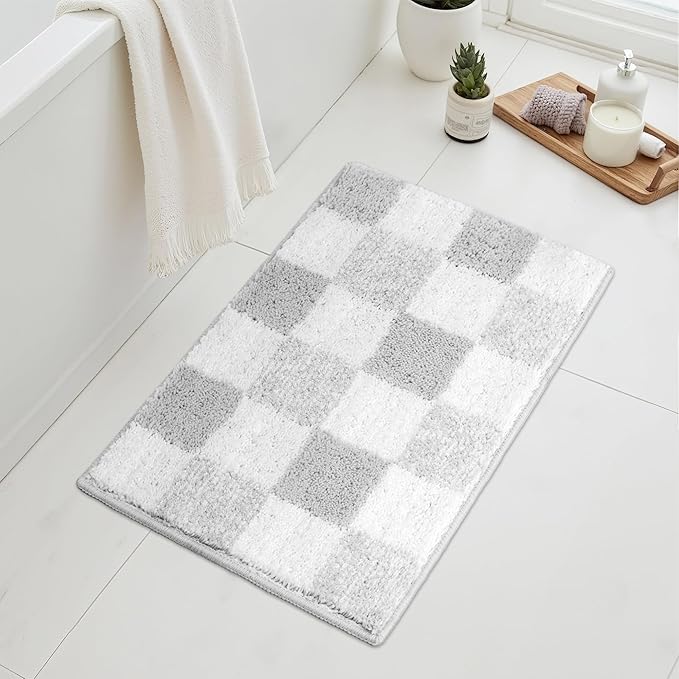 GRANNY SAYS Checkered Grey Bathroom Rugs, 24" x 16", Non-Slip Bath Mats for Bathroom, Plush Shag Absorbent Microfiber Ultra Soft Bath Mat, Cute Washable Rug for Tub, Shower, Bedroom