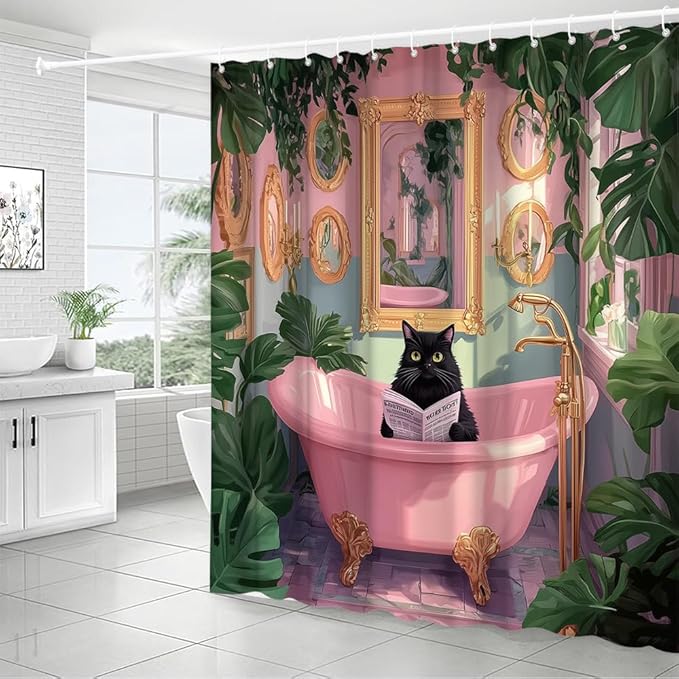 4pcs Funny Cat Shower Curtain Sets with Bath Mat Toilet Lid Cover U Shape Rug Boho Cute Black Kitten in Bathtub Tropical Green Plant Leaves Pink Cute Cartoon Animal Pink Bathroom Set 16"x24"