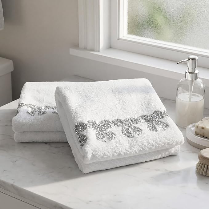 2 Pcs White Sparkling Hand Towels with Rhinestone Bow for Bathroom 100% Cotton Glitter Soft Elegant Hand Bath Towels Absorbent Machine Washable for Spa Yoga Hotel Sport, 29.5" x 13.8"