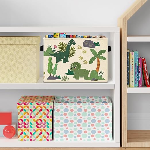 Tropical Dinosaur Storage Bins Box with Handles, Sage Green Plant Nursery Laundry Basket Hamper Collapsible Clothes Toys Organizer for Kids Boys Room Nursery Playroom Bathroom
