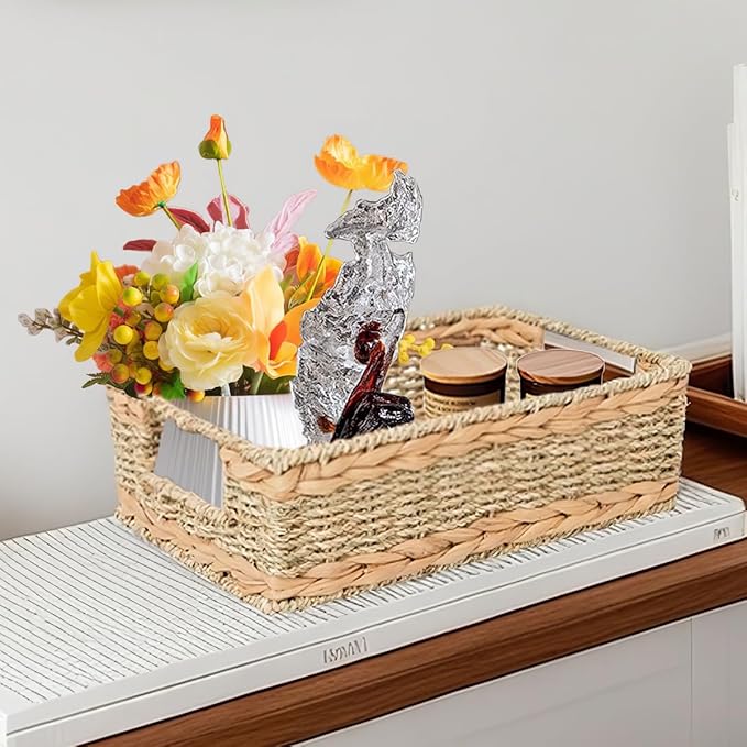 Water Hyacinth Storage Basket - Small Rustic Rectangle Woven basket Organizer with Handle for Home & Office Decor (Hyacinth&Seagrass)