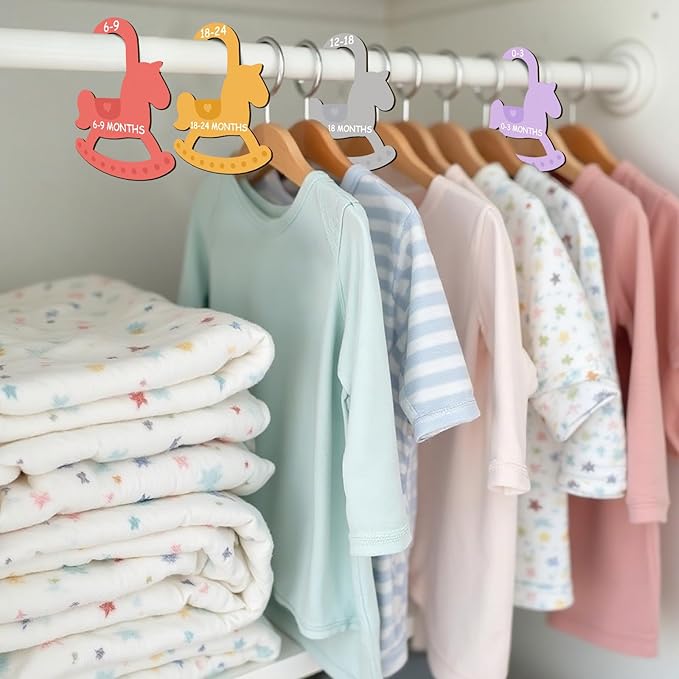 Baby Clothes Dividers for Closet - Set of 8 Wooden Baby Size Closet Dividers Newborn to 24 Months, Newborn Organizer for Boys & Girls - Rocking Horse Theme Baby Nursery Decor Kit New Parents Gifts