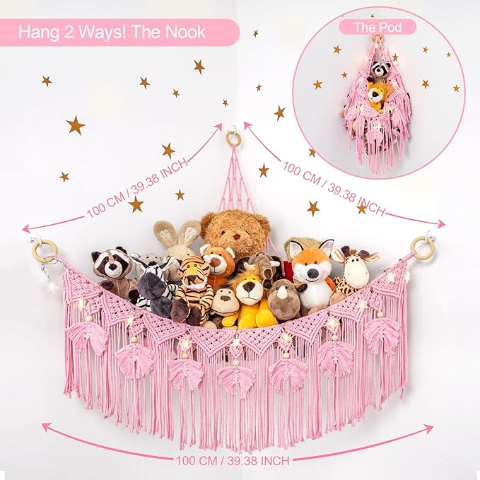 ANROYE Macrame Stuffed Animal Storage with Star Light, Bear Pink Hammock for Girls Room Decor, Corner Hanging Mesh Organizer Idea for Nursery, Plushies Toy Wall Hanging Display Holder Kid Boy Gift