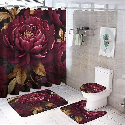 4 Pcs Shower Curtain Sets Bathroom Decor Set with Non-Slip Rugs Toilet Lid Cover and Bath Mat Elegant Burgundy Floral Durable and Waterproof Watercolor Boho Burgundy for Bathroom Decor Set