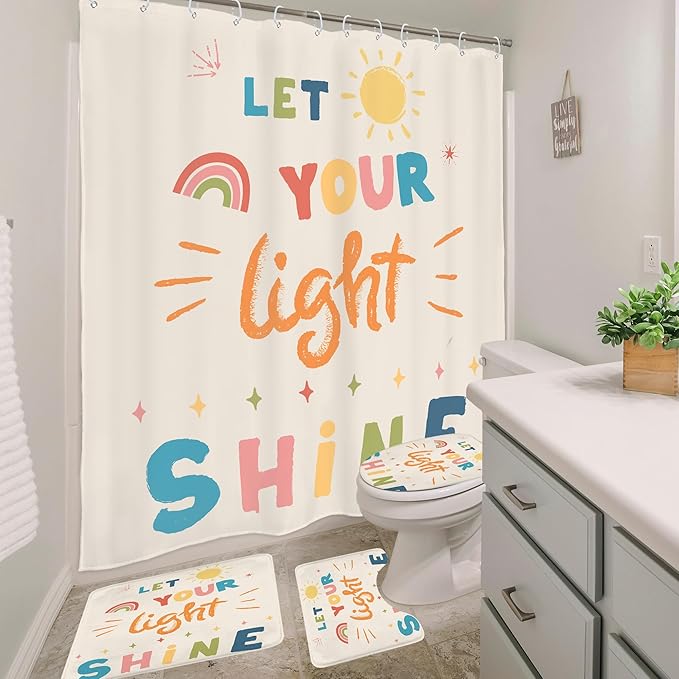 Homewelle 4 PCS Christian Bible Verse Shower Curtain Abstract Boho Inspirational Quotes Scripture 72Wx72H Inch Funny Fabric Decor Bathroom Rug Set Bath Mats Nonslip Washroom Decor Shower Accessories