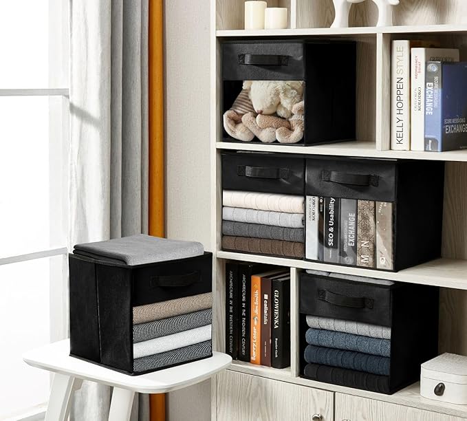DECOMOMO Storage Cubes, 13 inch Cube Storage Bins with Window, Fabric Organizer Bins (13" / 6pcs, Black)
