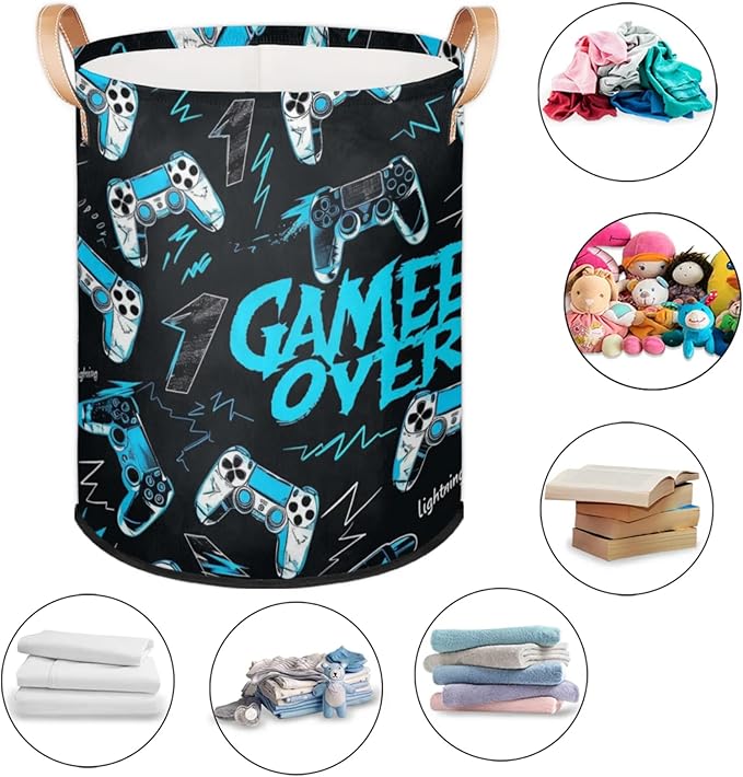 Game Console Laundry Baskets,Round Hamper Basket,Collapsible Large Storage Basket Bins for Dirty Clothes Kids Toys Baby Blanket Organizer Nursery Bedroom Bathroom Storage Decor