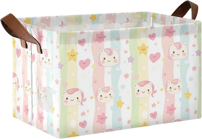 Collapsible Storage Basket With Handles Cartoon Unicorn Lovely Stripes Medium Storage Box for Clothes Organizing Waterproof Foldable Storage Bins 1 Piece