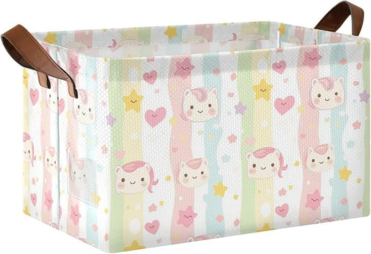Collapsible Storage Basket With Handles Cartoon Unicorn Lovely Stripes Medium Storage Box for Clothes Organizing Waterproof Foldable Storage Bins 1 Piece