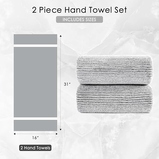 2 Pack Black White Hand Towel Set "16x31",Ultra Soft Microfiber Towel Set for Bathroom Highly Absorbent & Quick Dry Hand Face Towel,Multi-purpose Luxury Premium Towel for Kitchen,Hotel,Shower,Spa,Gym