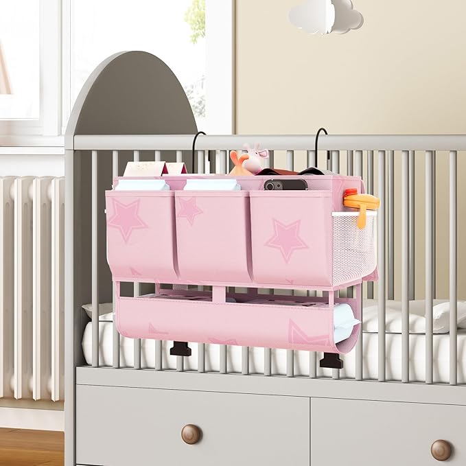 Bedside Caddy Bedside Organizer, Bed Storage Caddy with 7 Pockets, College Dorm Rooms Bag for Bunk, Home, Dorm, Hospital, Crib Bed(Pink)