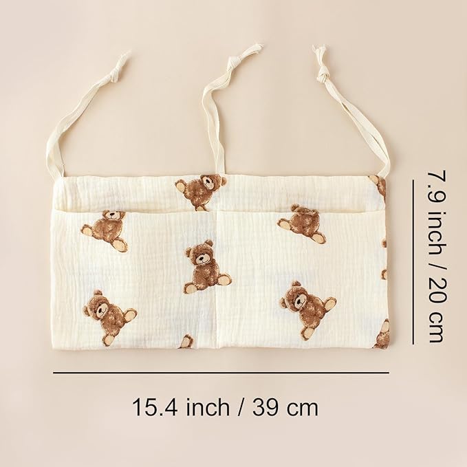 Muslin Cotton Baby Bedside Hanging Storage Bag, 2-Pocket Crib Diaper Caddy Organizer, Nursery Organization Holder for Cribs, Playard, Changing Table or Wall, Milk Bottle Bib Organizing Oatmeal
