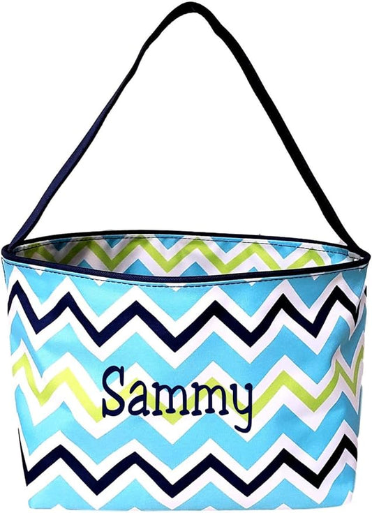 Personalized with Name Blue ZIg Zag Chevron Material Easter Basket Bucket for Egg Hunting