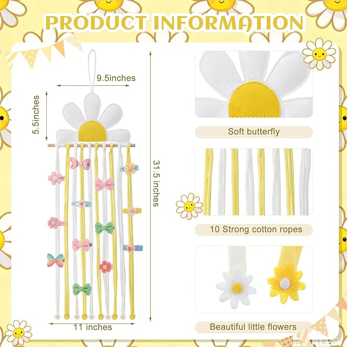 Long Bow Holder for Girls Baby White Daisy Hair Bows Clip Organizer 31.5 Inch Baby Hair Accessories Storage Display Hanging Decor for Girls Nursery Room Bedroom Living Room