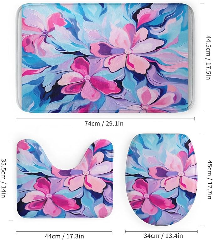 4 Piece Shower Curtain Sets Colorful Modern Floral Abstract Art Pink Blue with Non-Slip Rugs Toilet Lid Cover and Bath Mat Bathroom Decor Set Modern Abstract Art Painting 12 Hooks for Bathroom Decor