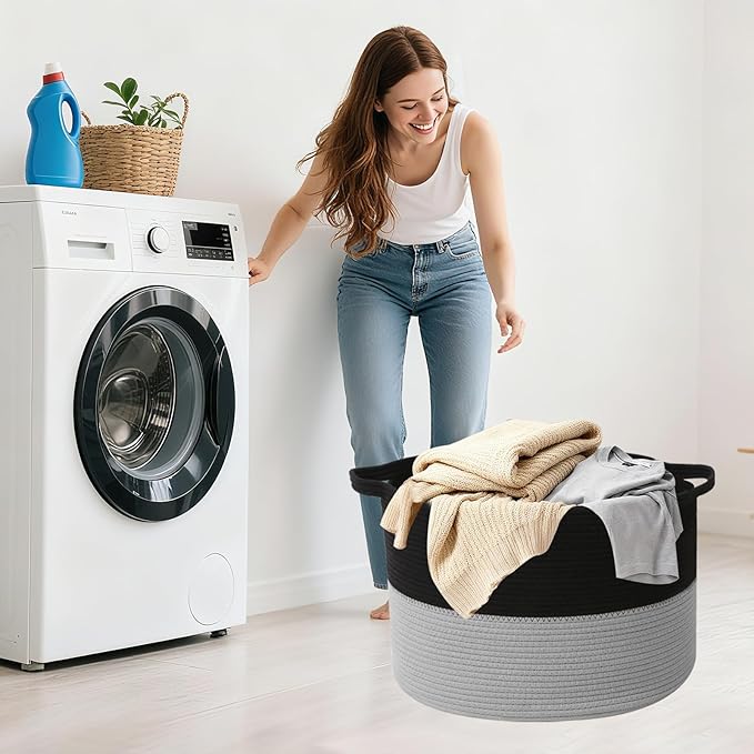 115L Large Blanket Basket,23.6"L x 23.6"W x 15.7"H Rope Woven Baskets with Handles, Toys Storage Bins,Laundry Basket Perfect for Living Room, Nursery,Bedroom,Home Organization,Black&Light Grey