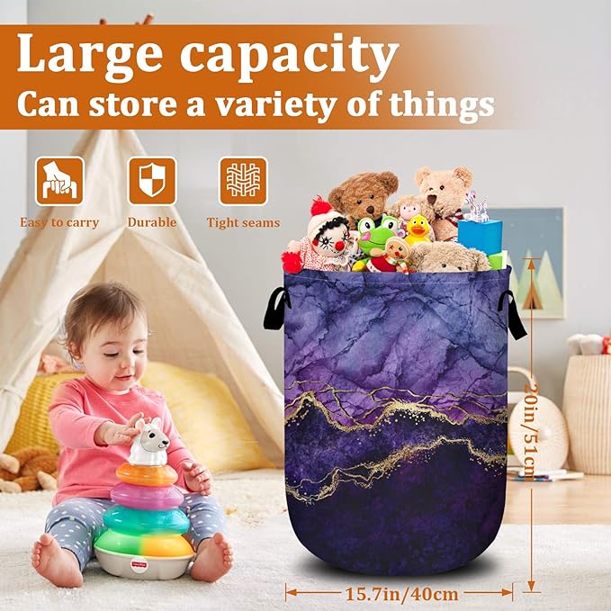 Purple Gold Marble Laundry Basket with Sturdy Handles, Collapsible Oxford Cloth Laundry Hamper Organizer Basket for Bathroom Bedroom 15.7x20 Inch