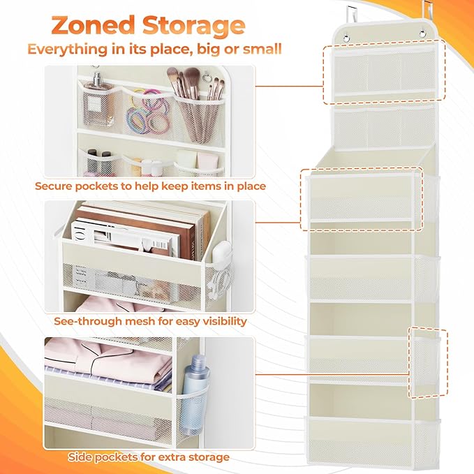 6-Tier Over The Door Organizer with Mesh Pockets, Baby Nursery Storage for Closet, Bathroom and Bedroom, Adjustable Hanging Closet Organizer for Cosmetics, Books and Essentials（Beige）