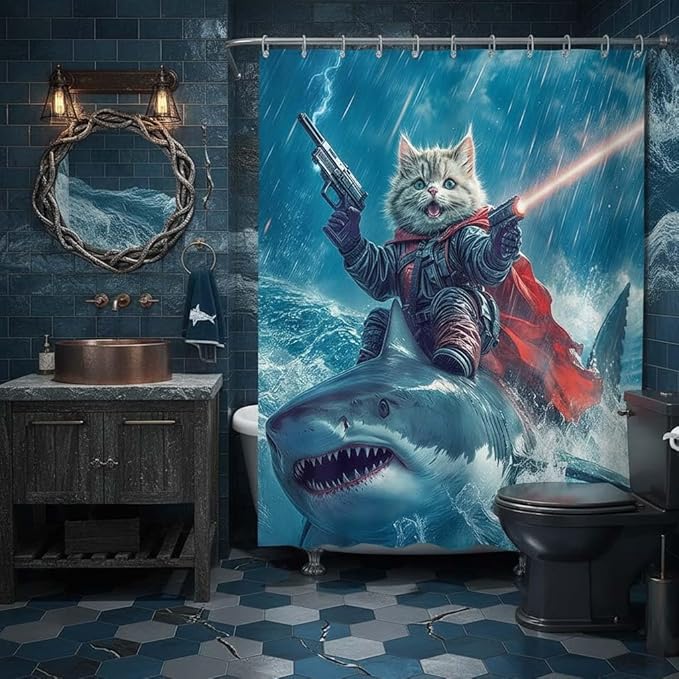 70x75 Inch Funny Cat Riding Shark Waterproof Shower Curtain - Blue Ocean Bathroom Decor with Hooks, Humor Polyester Bathtub Curtain for Kids Teens Adults